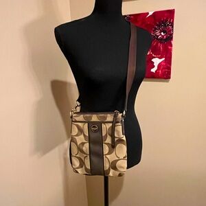 Coach tan & brown crossbody signature jacquard